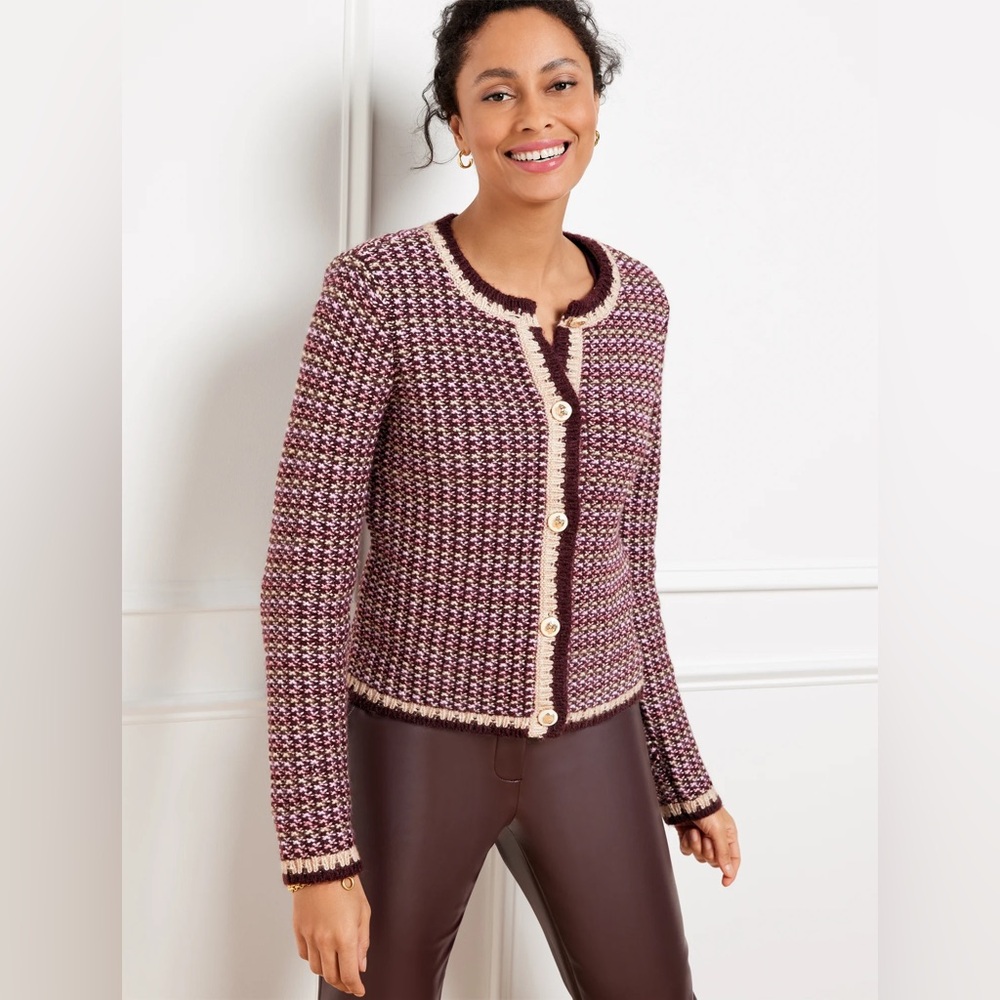 Talbots Tweed Crewneck Cardigan Sweater burgundy purple knit wool blend preppy
